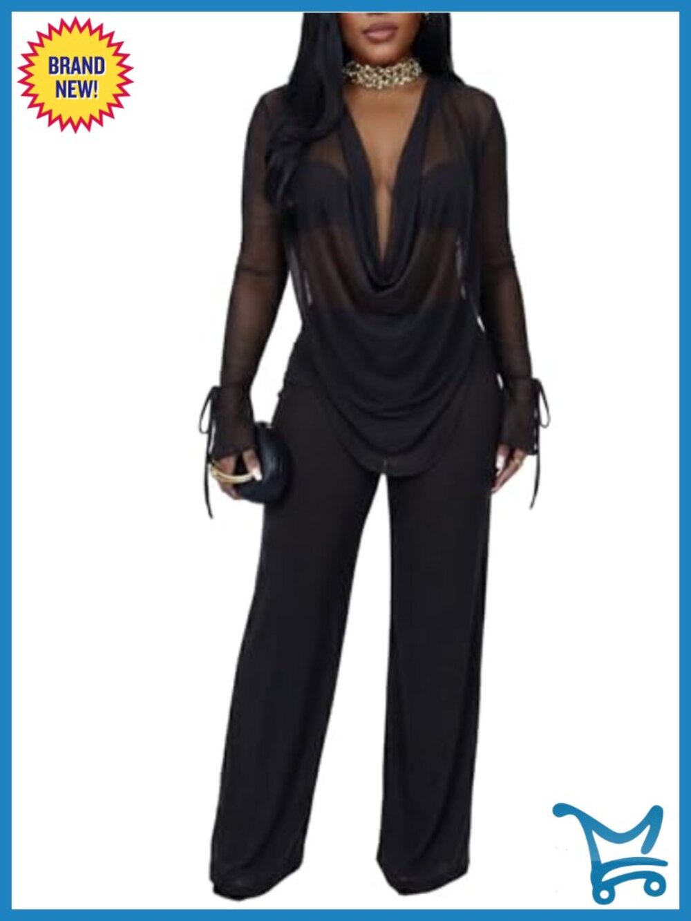 Women Sheer Mesh Two Piece Pant Set See Through Cover Up Long Sleeve